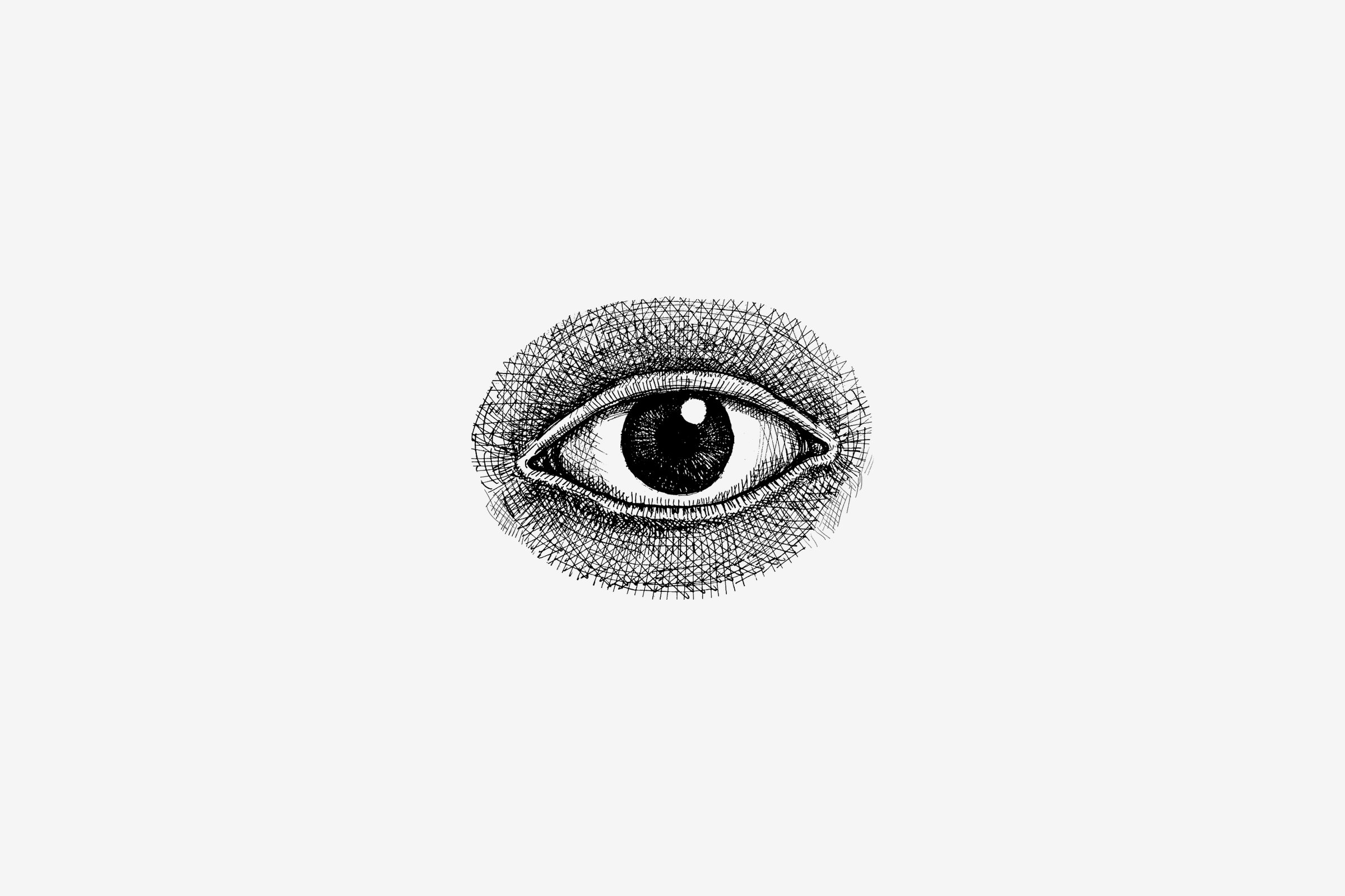 An eye drawn in fine black hatching on grey