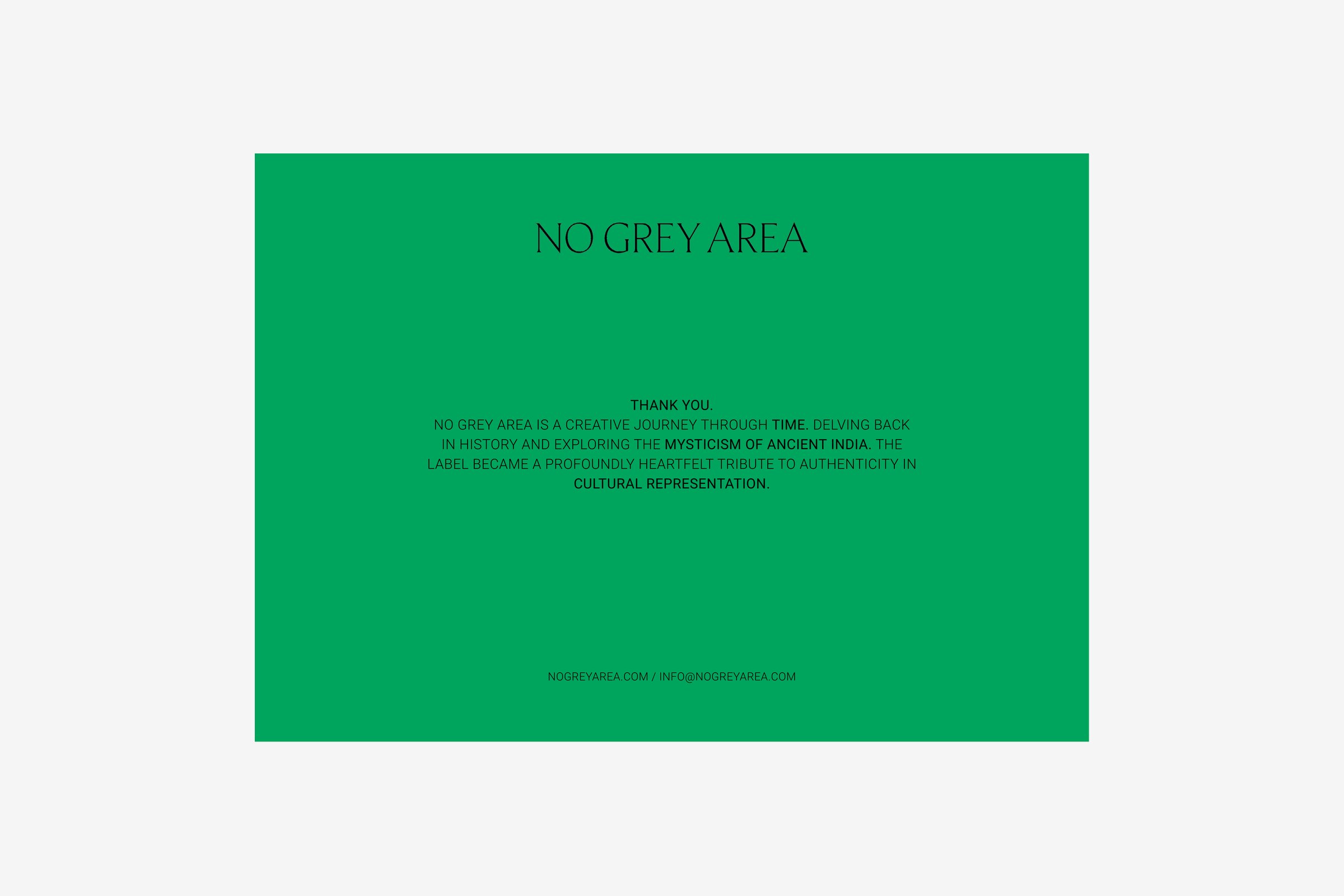 A green thank-you card with the wordmark at the top and the label's own account of itself beneath