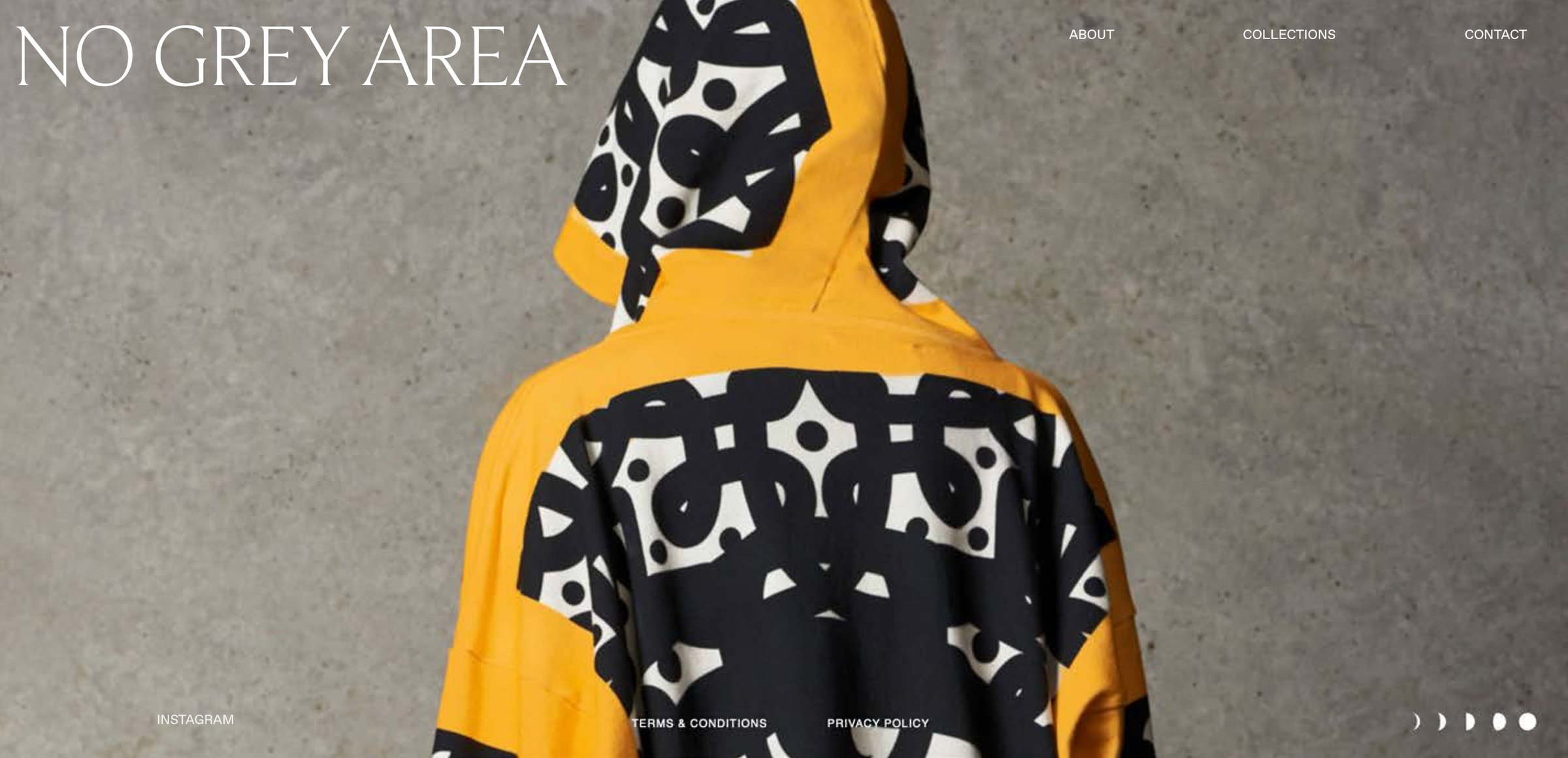 Homepage design: the wordmark top left, three links top right, a portrait of a yellow hooded top with a black and white print seen from behind, and five moon phases at the foot